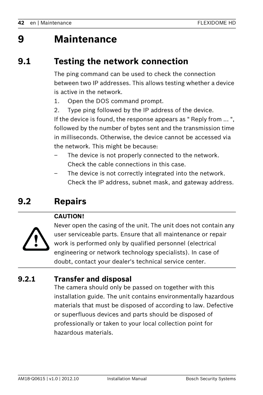 Bosch Appliances NDN-733 9Maintenance, 9.1Testing the network connection, 9.2Repairs, 9.2.1Transfer and disposal 