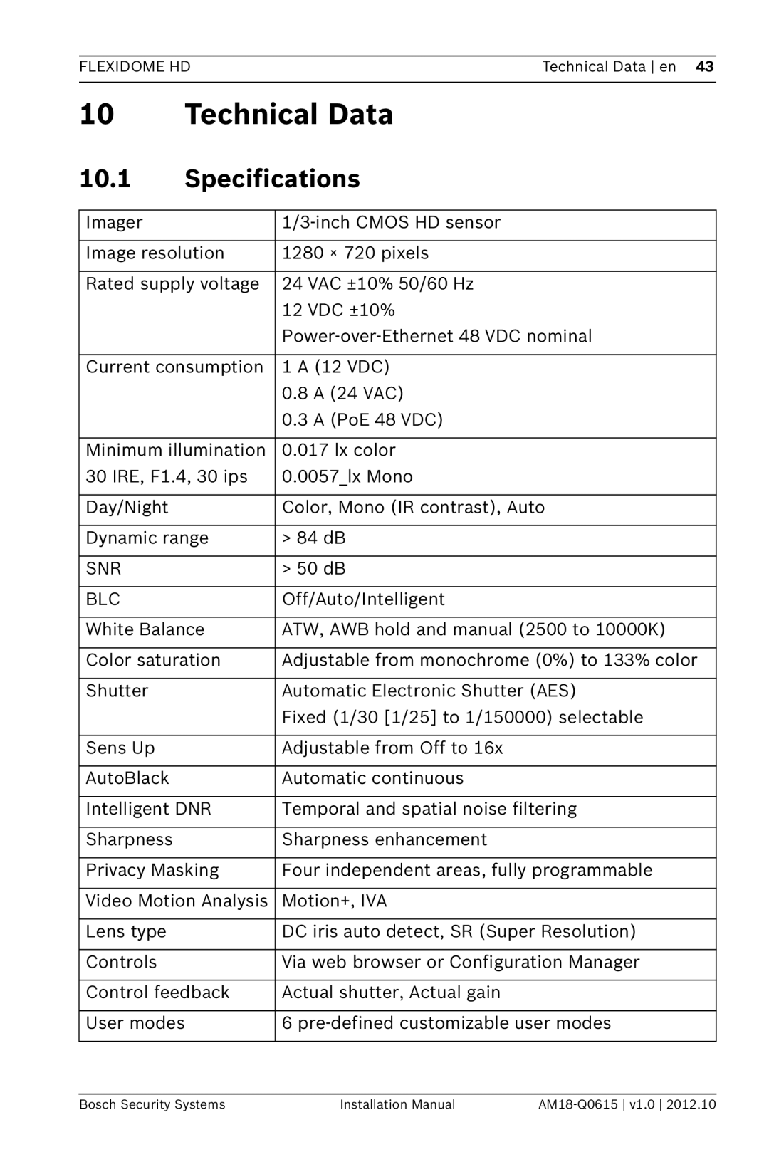Bosch Appliances NDN-733 installation manual Technical Data, 10.1Specifications 