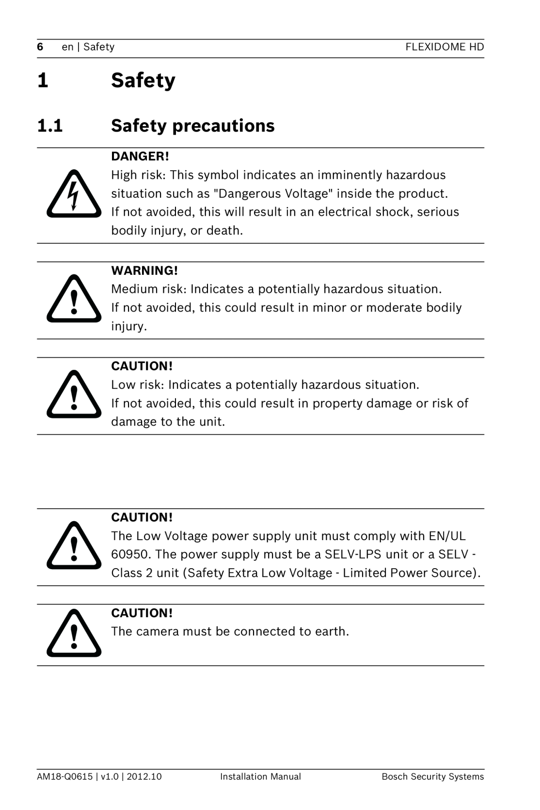 Bosch Appliances NDN-733 installation manual 1.1Safety precautions, Danger 