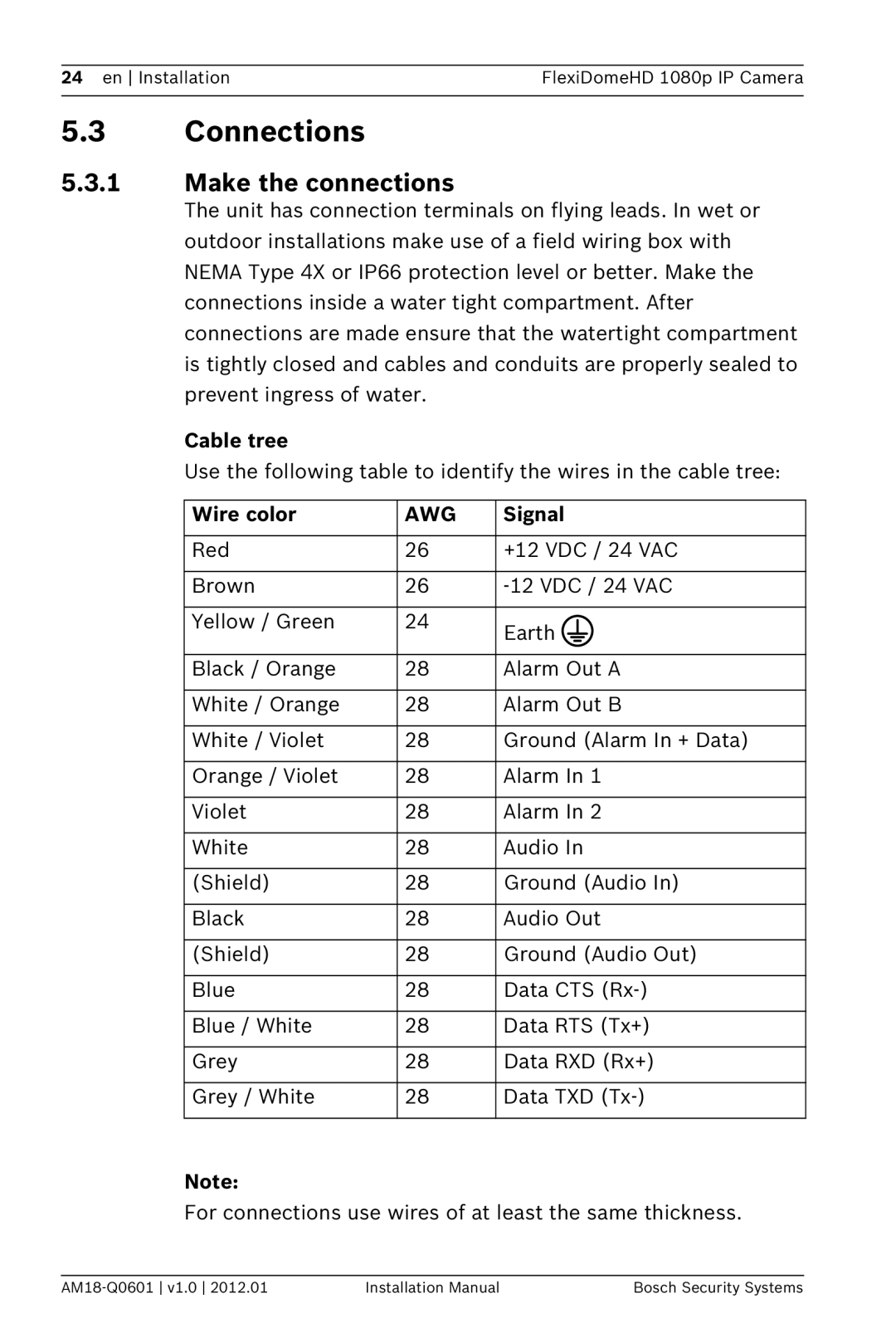 Bosch Appliances NDN-832 installation manual Connections, Make the connections, Cable tree, Wire color, Signal 