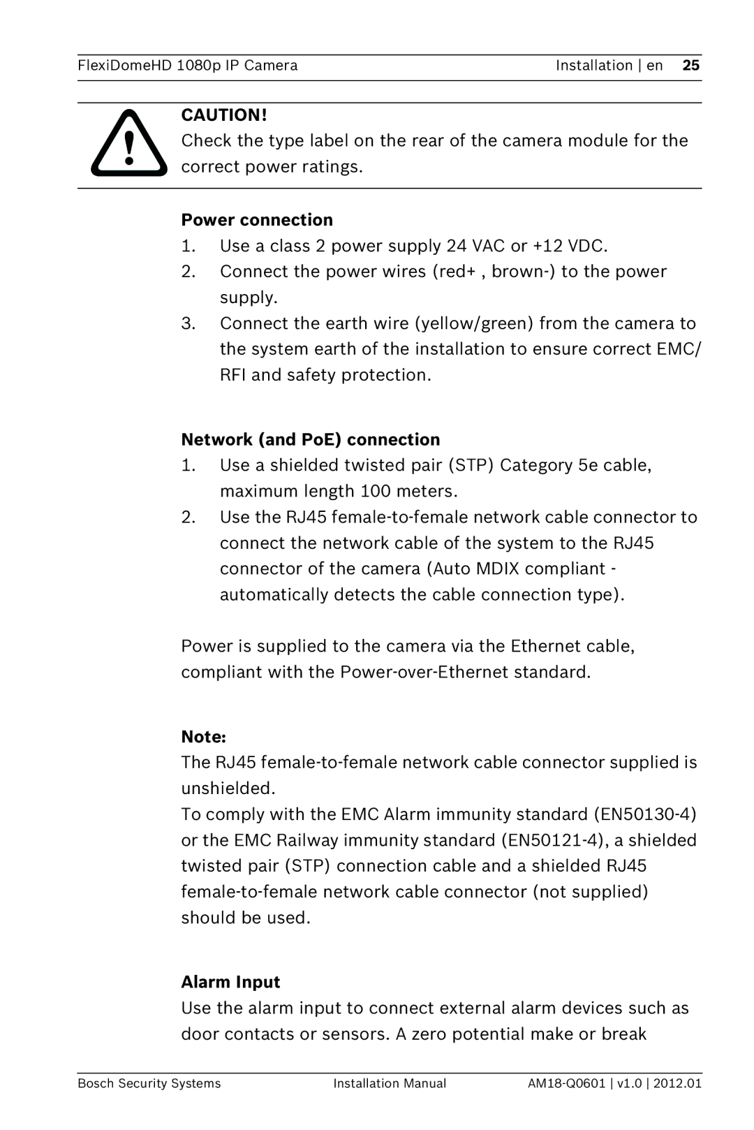 Bosch Appliances NDN-832 installation manual Power connection, Network and PoE connection, Alarm Input 