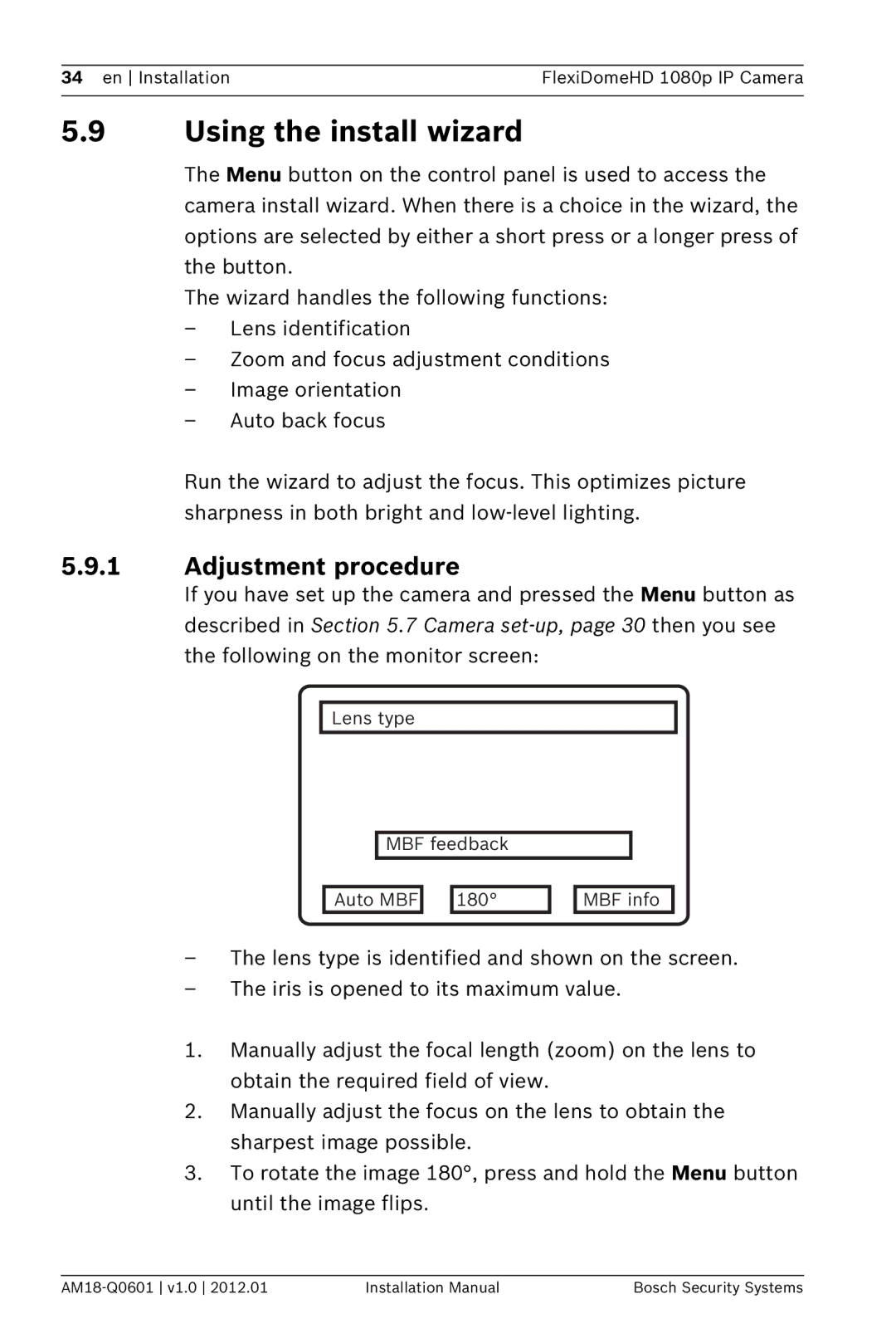 Bosch Appliances NDN-832 installation manual Using the install wizard, Adjustment procedure 