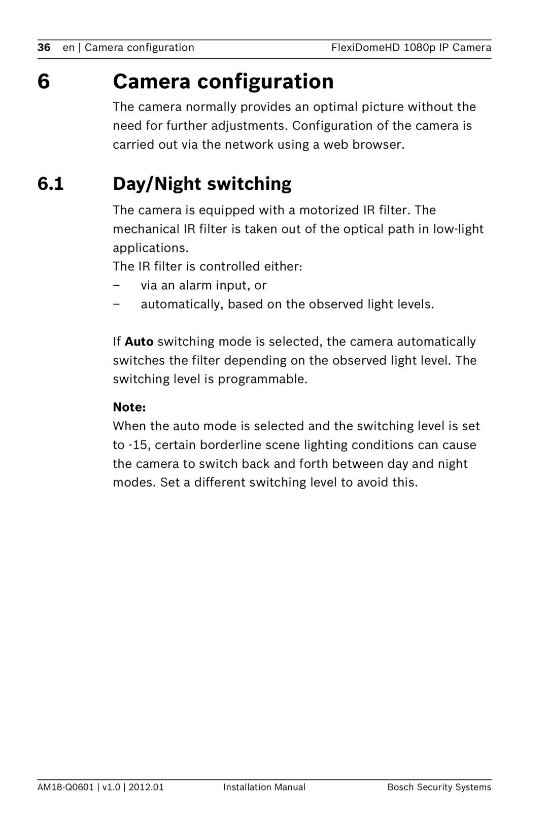 Bosch Appliances NDN-832 installation manual Camera configuration, Day/Night switching 