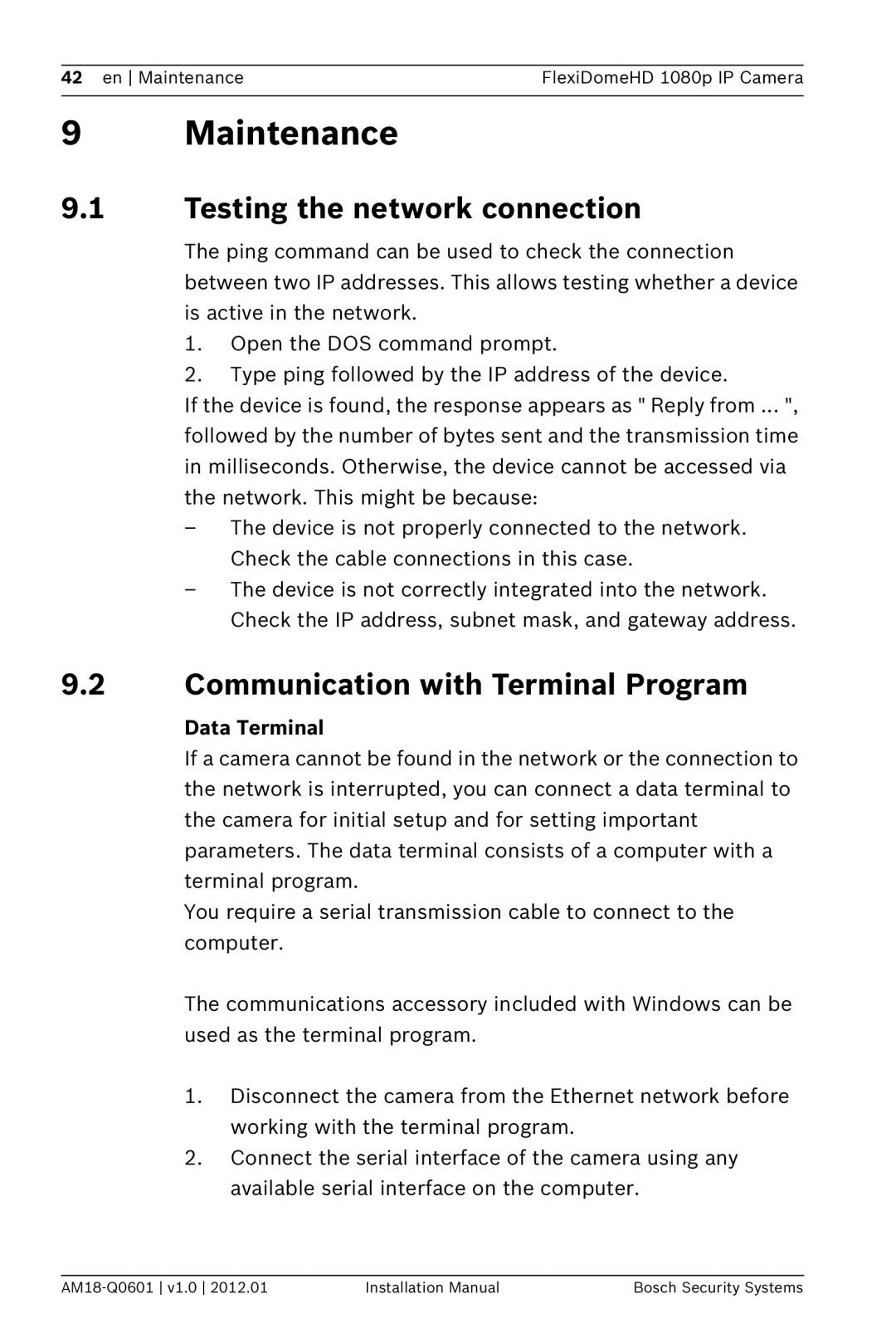 Bosch Appliances NDN-832 Maintenance, Testing the network connection, Communication with Terminal Program, Data Terminal 