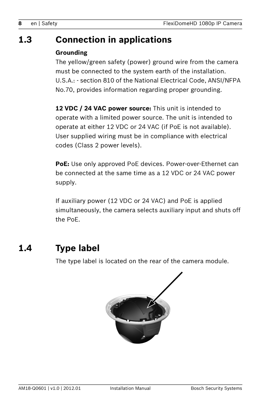 Bosch Appliances NDN-832 installation manual Connection in applications, Type label, Grounding 