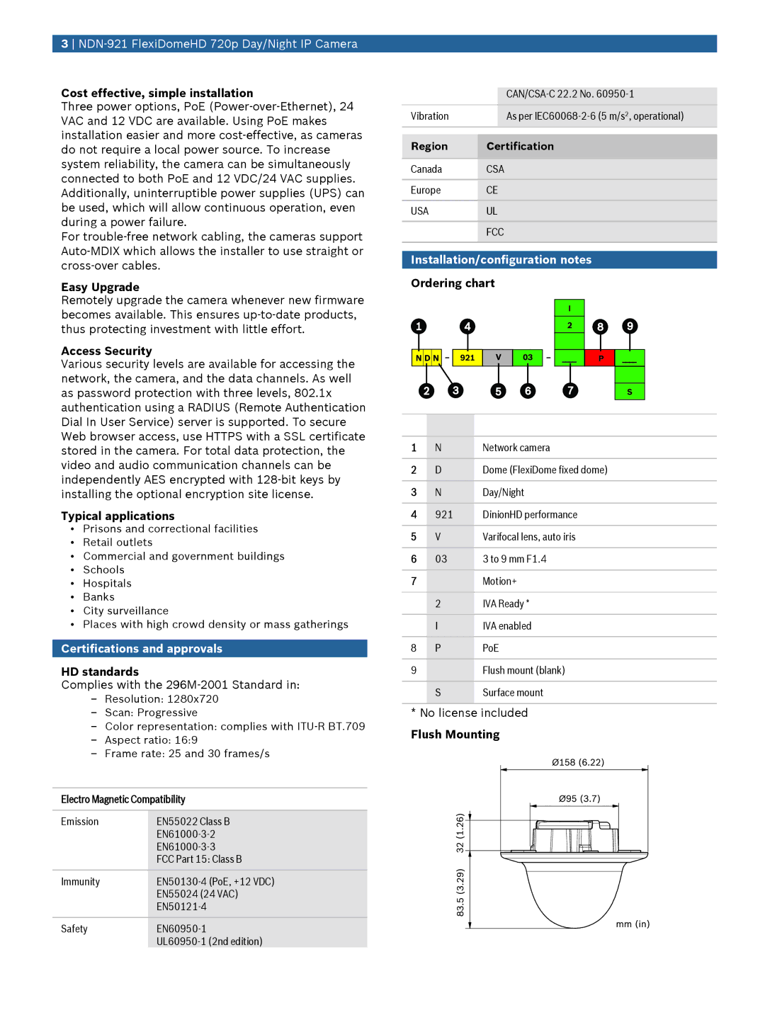 Bosch Appliances NDN-921 manual Certifications and approvals, Installation/configuration notes 