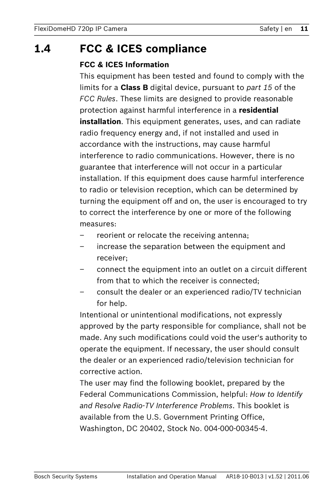 Bosch Appliances NDN-921 operation manual FCC & Ices compliance, FCC & Ices Information 