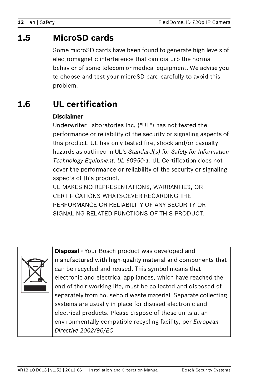 Bosch Appliances NDN-921 operation manual MicroSD cards, UL certification, Disclaimer 