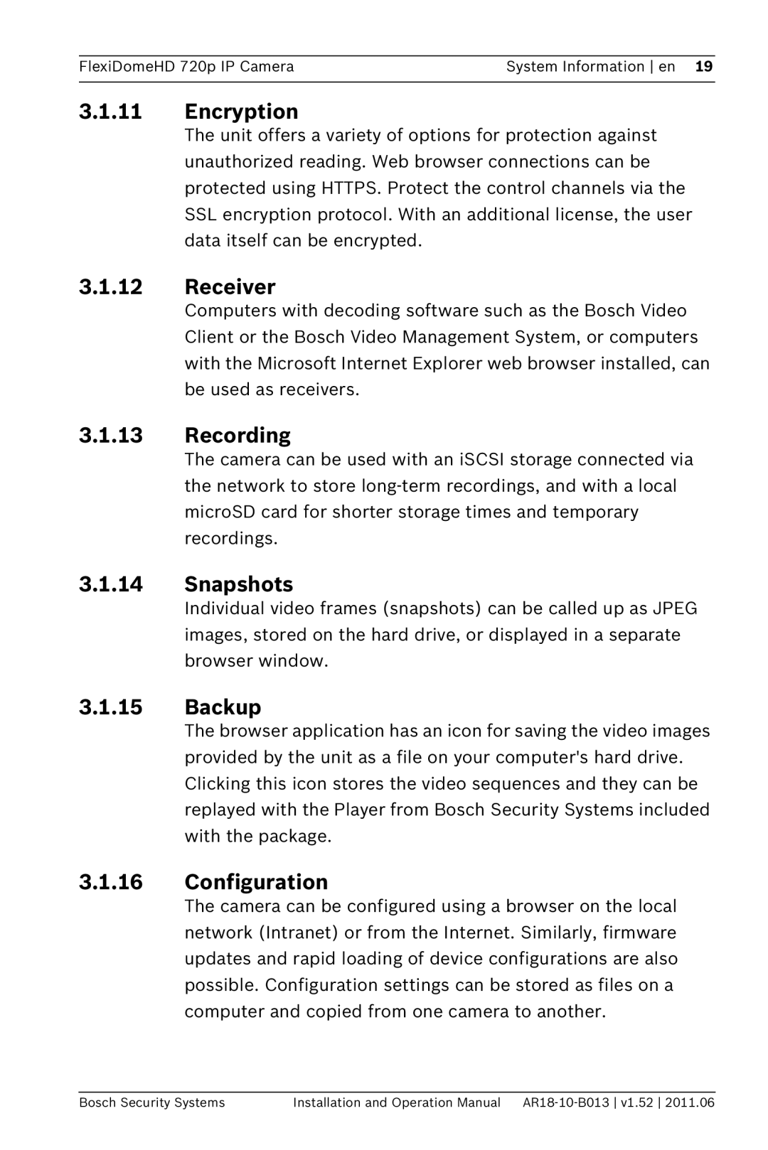 Bosch Appliances NDN-921 operation manual Encryption, Receiver, Recording, Snapshots, Backup, Configuration 