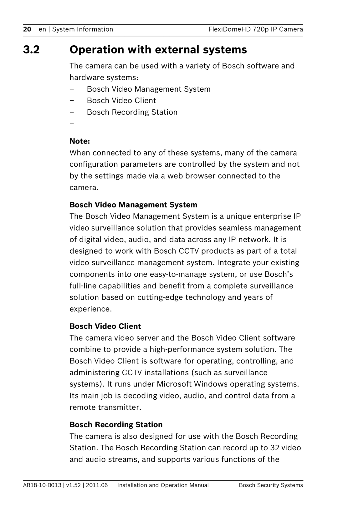 Bosch Appliances NDN-921 Operation with external systems, Bosch Video Management System, Bosch Video Client 