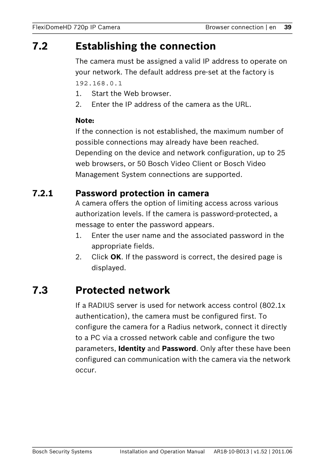 Bosch Appliances NDN-921 operation manual Establishing the connection, Protected network, Password protection in camera 