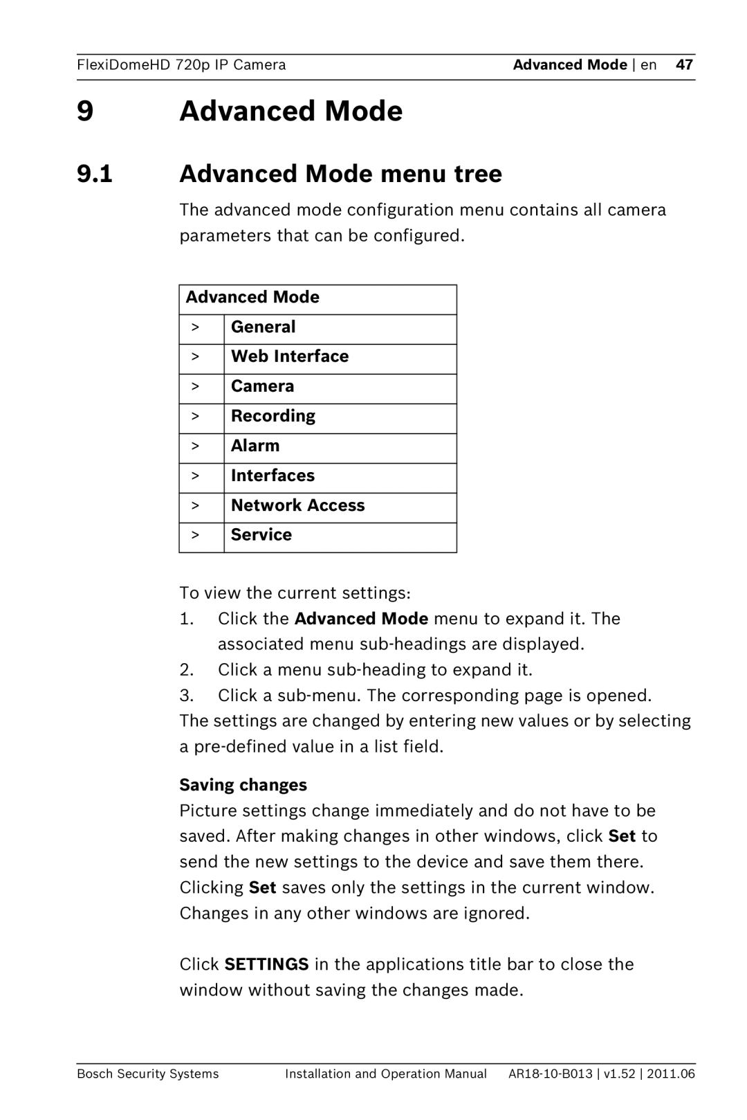 Bosch Appliances NDN-921 operation manual Advanced Mode menu tree 