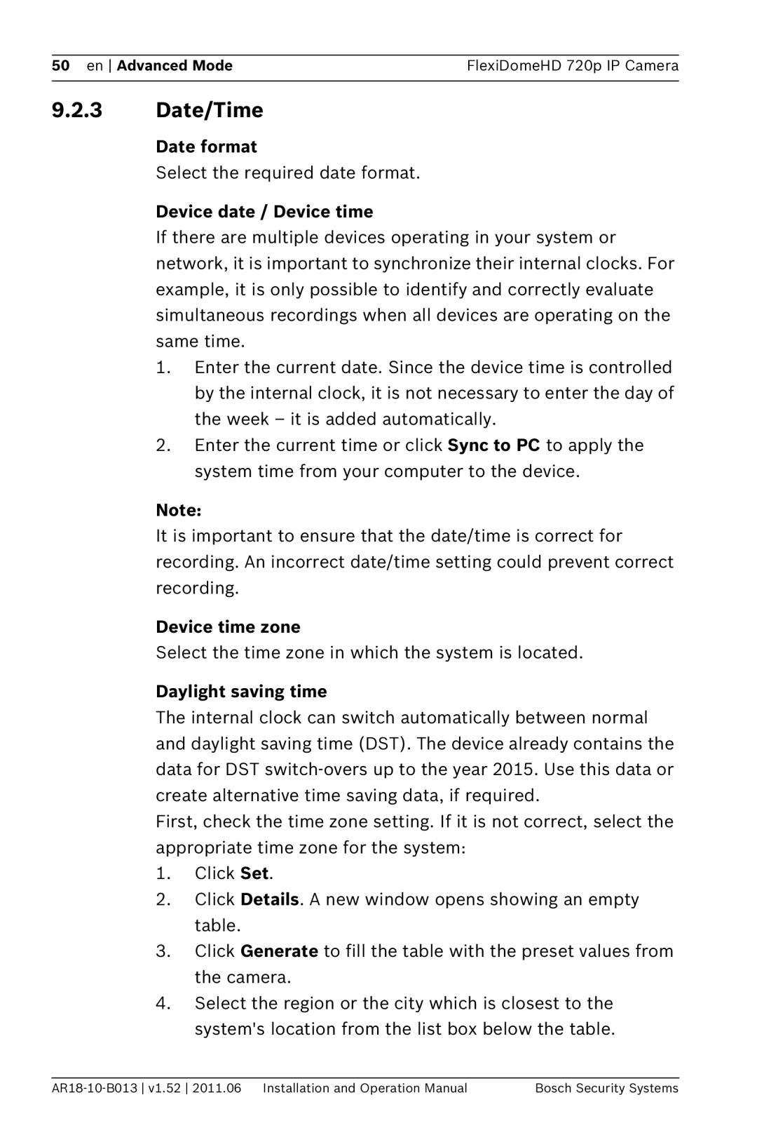 Bosch Appliances NDN-921 Date/Time, Date format, Device date / Device time, Device time zone, Daylight saving time 