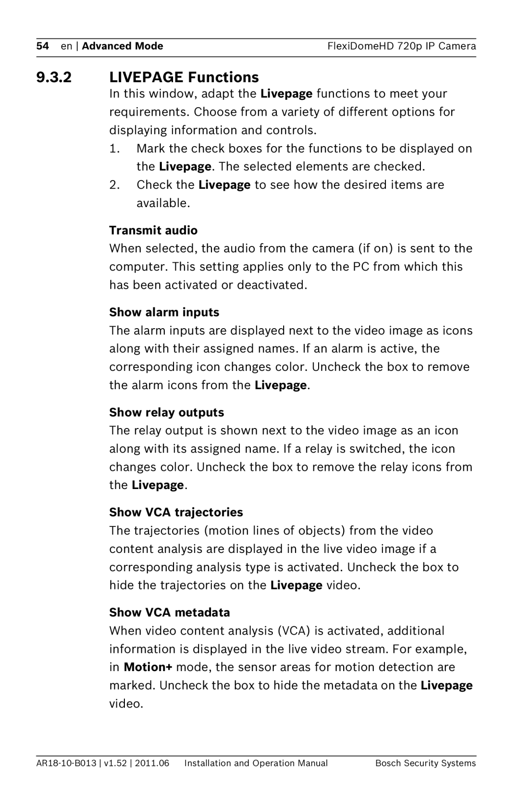 Bosch Appliances NDN-921 operation manual Livepage Functions 