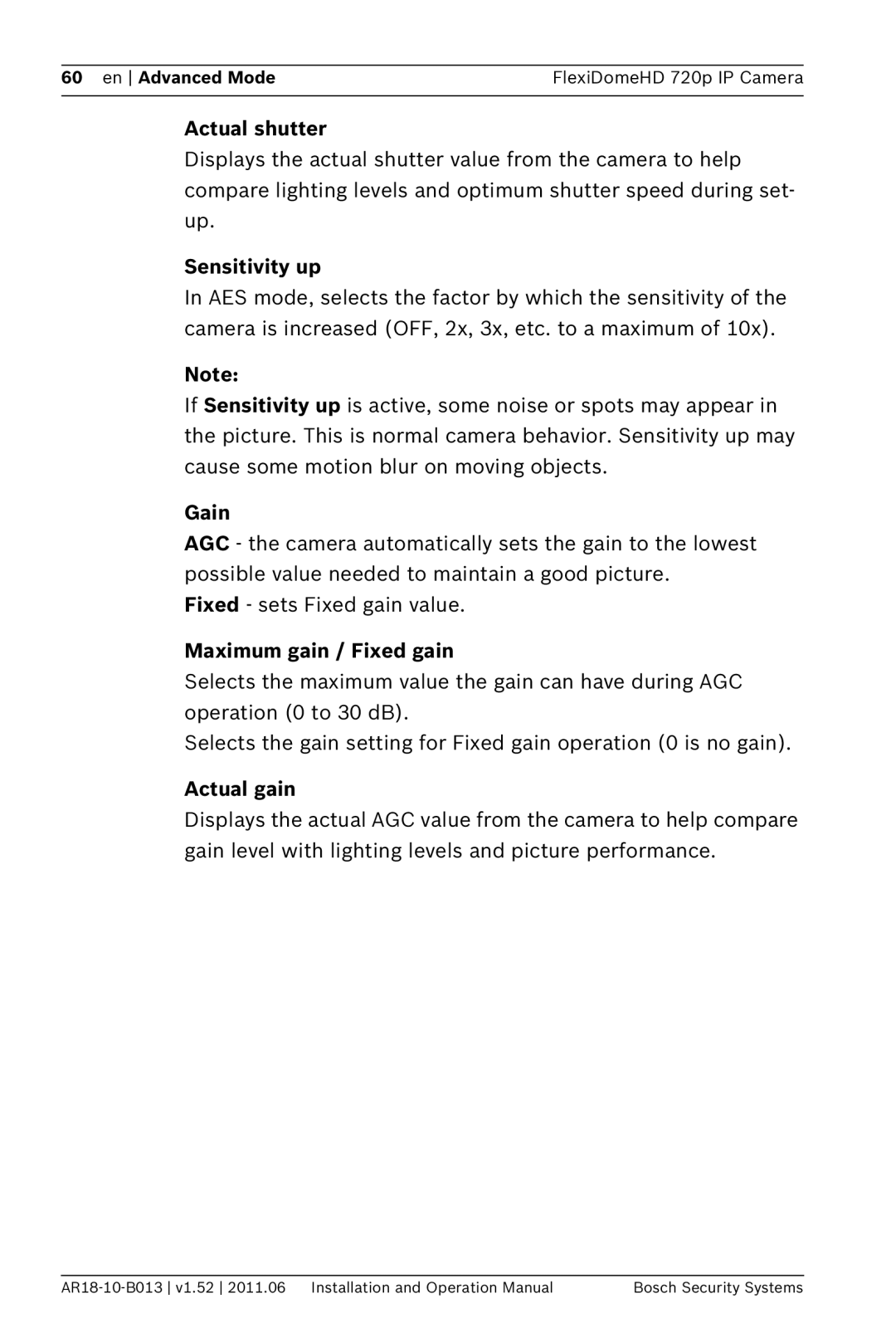 Bosch Appliances NDN-921 operation manual Actual shutter, Sensitivity up, Gain, Maximum gain / Fixed gain, Actual gain 