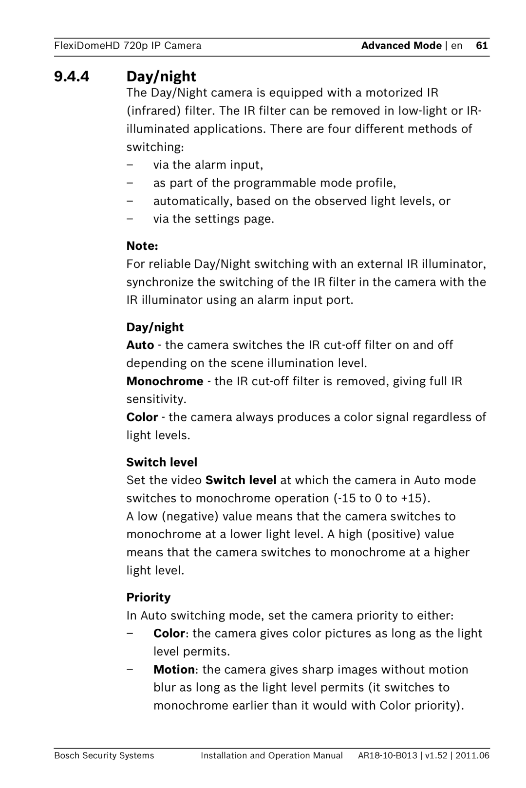 Bosch Appliances NDN-921 operation manual 4 Day/night, Switch level, Priority 