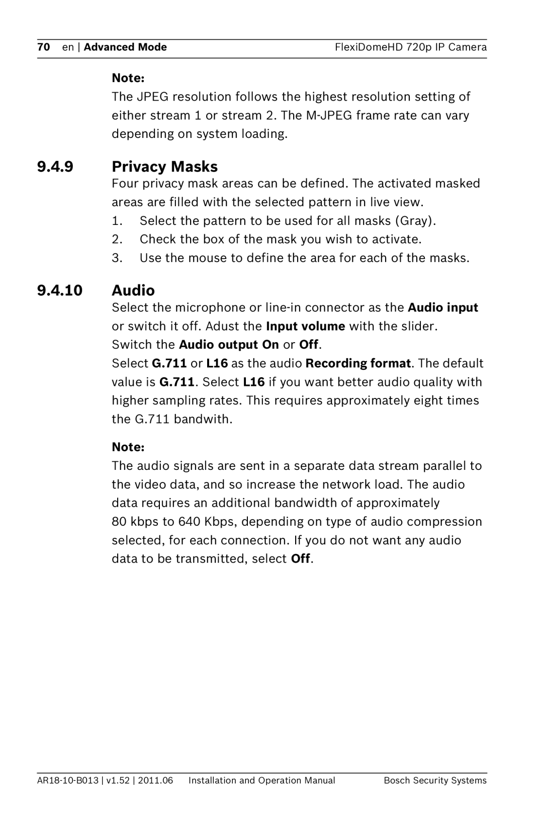 Bosch Appliances NDN-921 operation manual Privacy Masks, Audio 