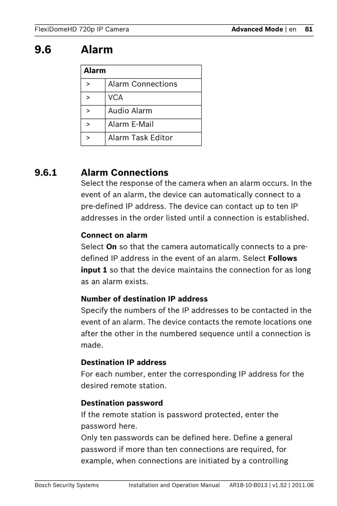 Bosch Appliances NDN-921 operation manual Alarm Connections 