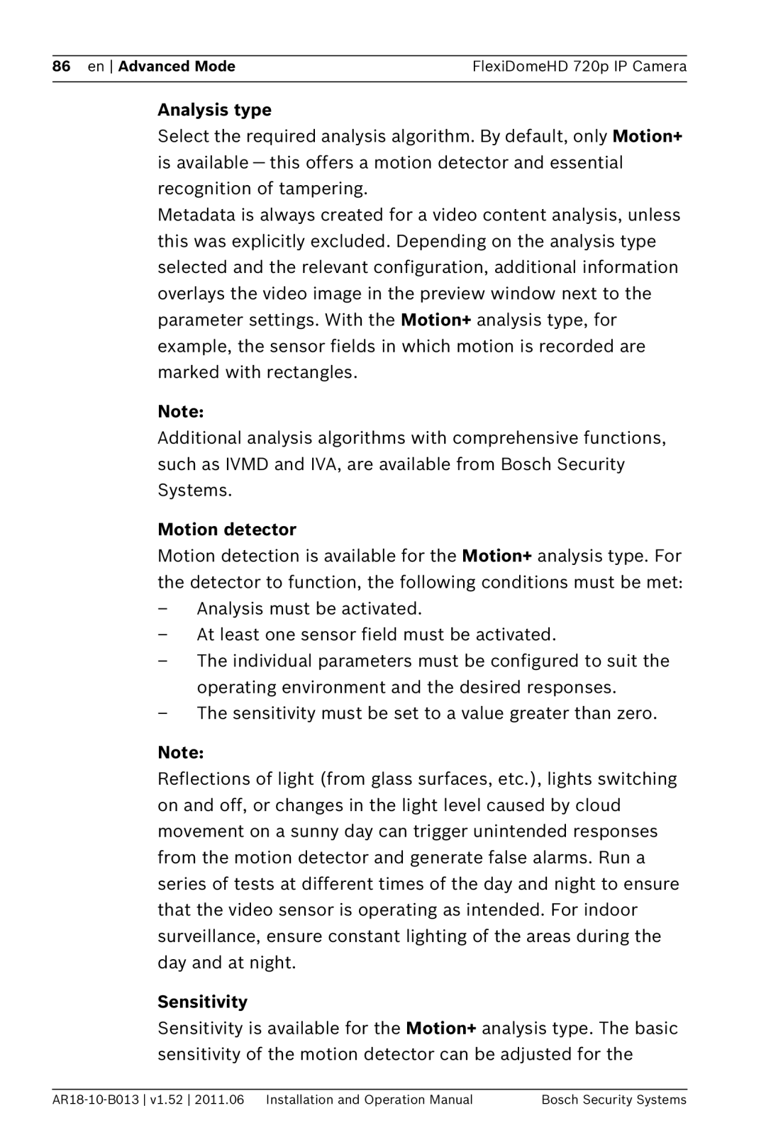 Bosch Appliances NDN-921 operation manual Analysis type, Motion detector, Sensitivity 