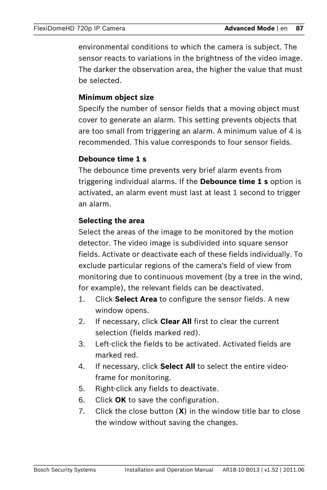 Bosch Appliances NDN-921 operation manual Minimum object size, Debounce time 1 s, Selecting the area 