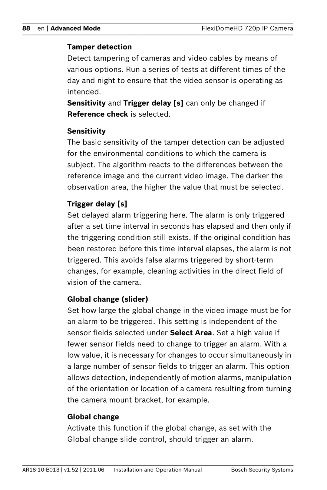 Bosch Appliances NDN-921 operation manual Tamper detection, Trigger delay s, Global change slider 