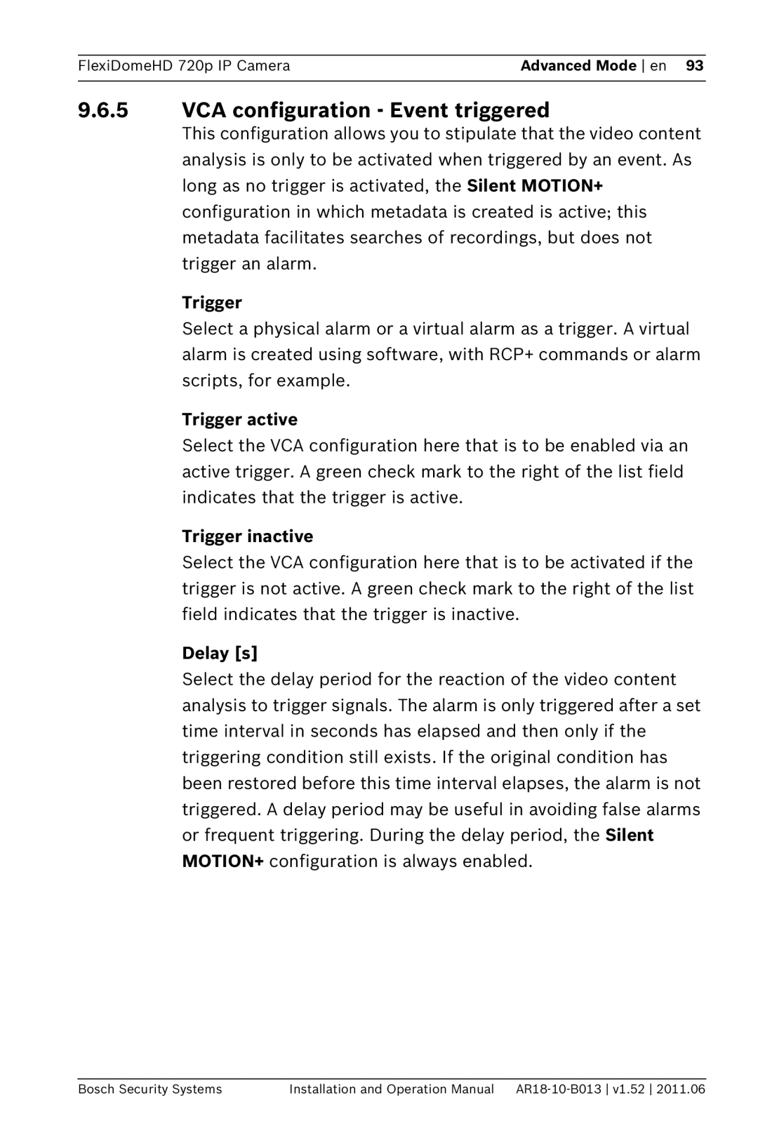 Bosch Appliances NDN-921 operation manual VCA configuration Event triggered, Trigger active, Trigger inactive, Delay s 