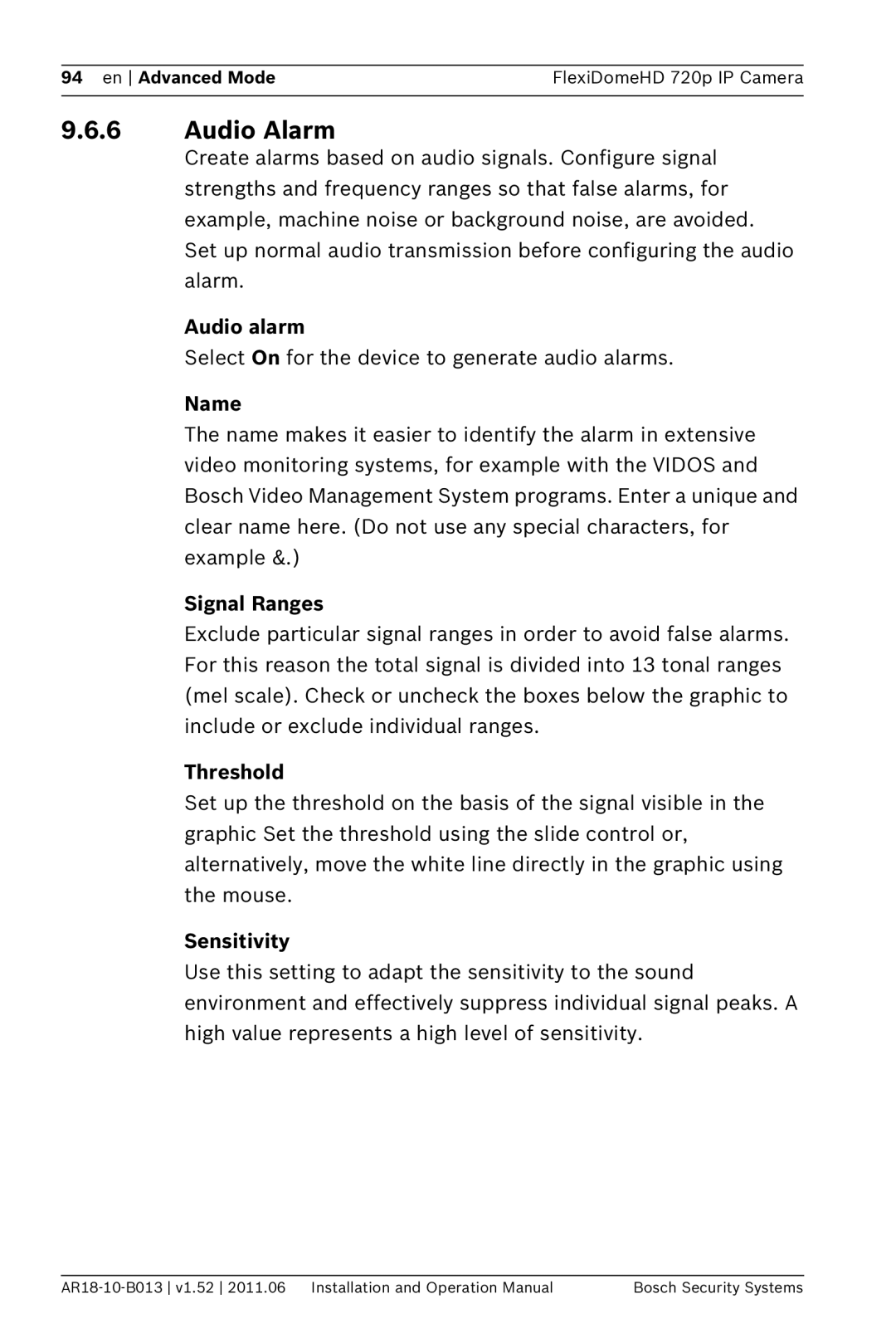 Bosch Appliances NDN-921 operation manual Audio Alarm, Audio alarm, Name, Signal Ranges, Threshold 