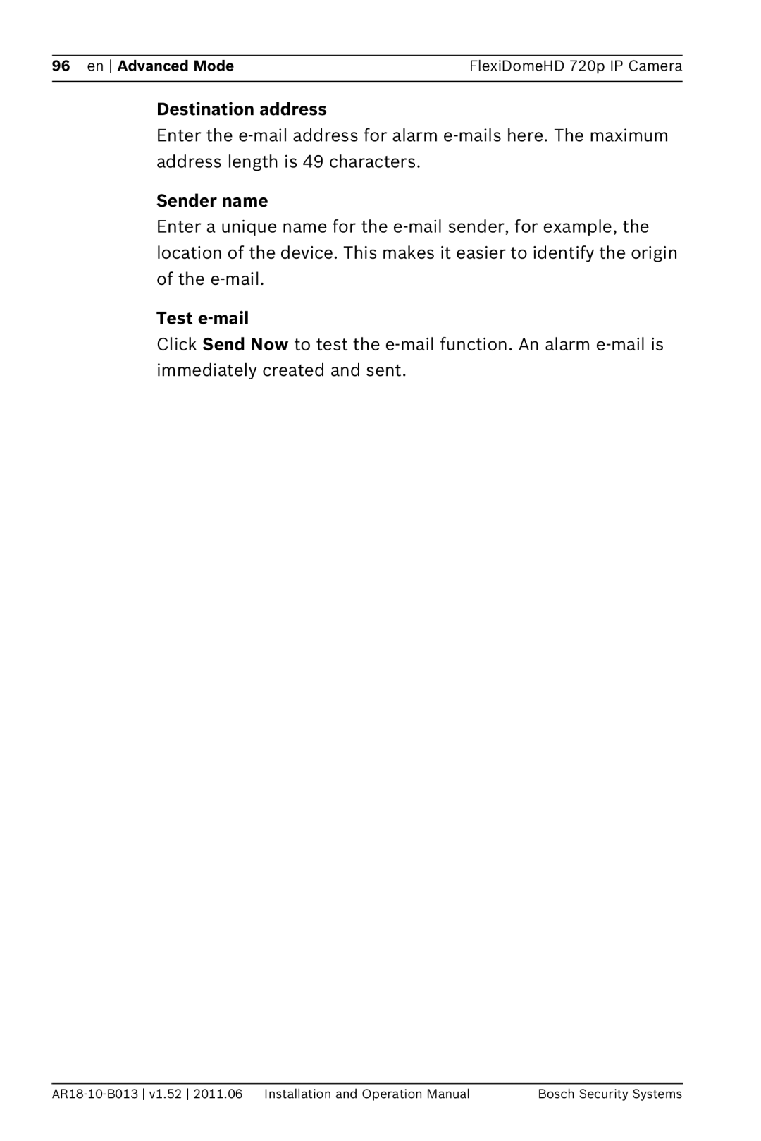 Bosch Appliances NDN-921 operation manual Destination address, Sender name, Test e-mail 