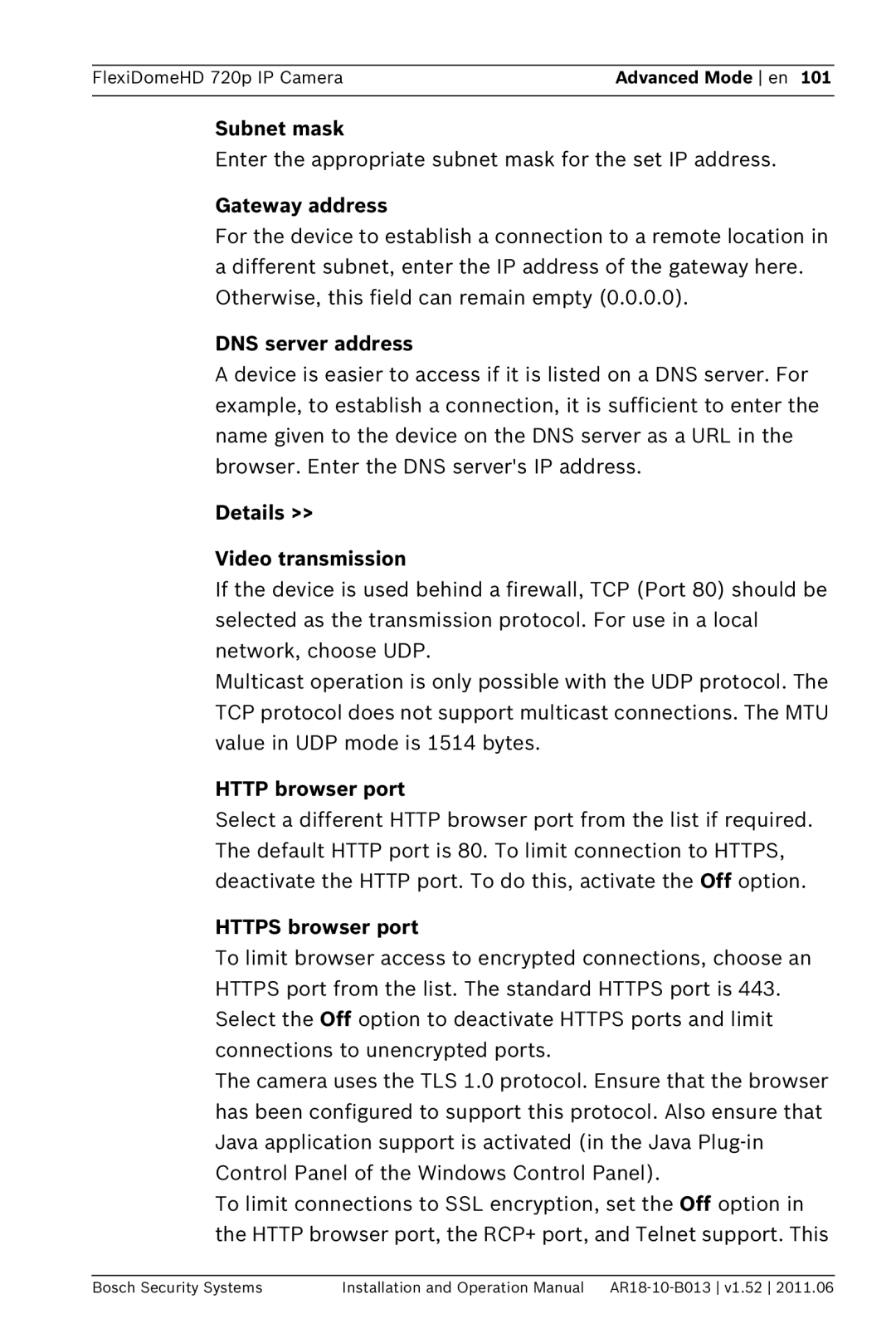 Bosch Appliances NDN-921 DNS server address, Details >> Video transmission, HTTP browser port, HTTPS browser port 
