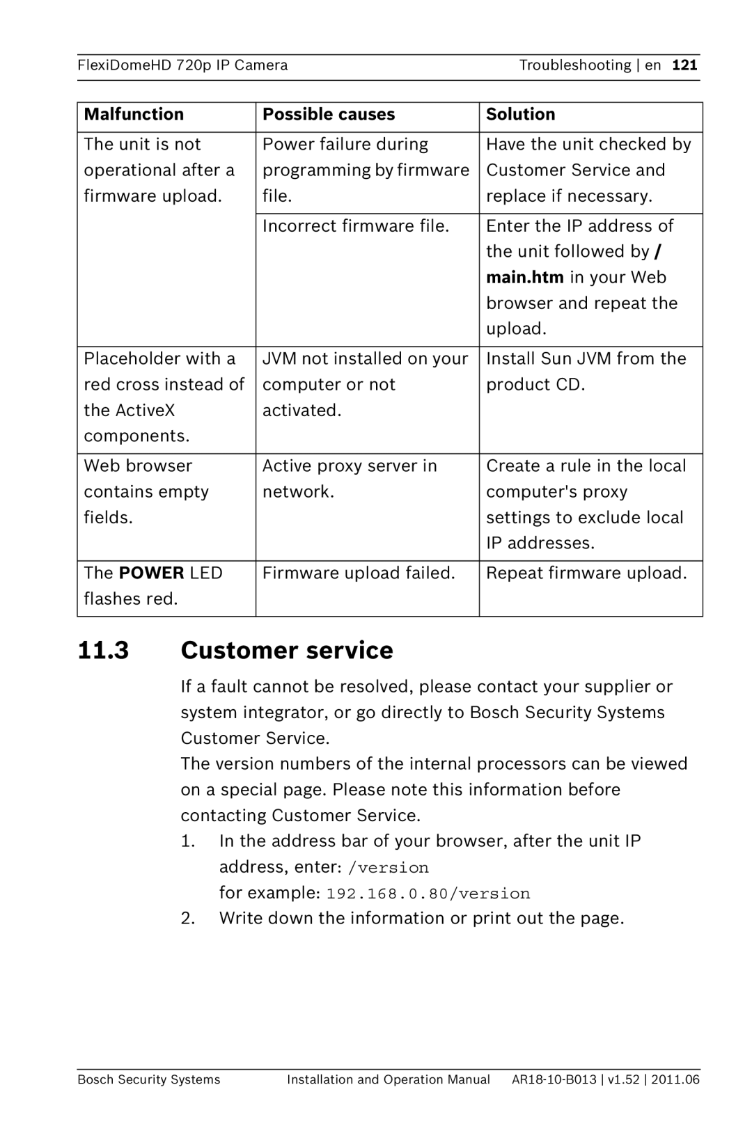 Bosch Appliances NDN-921 operation manual 11.3Customer service, Malfunction, Possible causes, Solution 