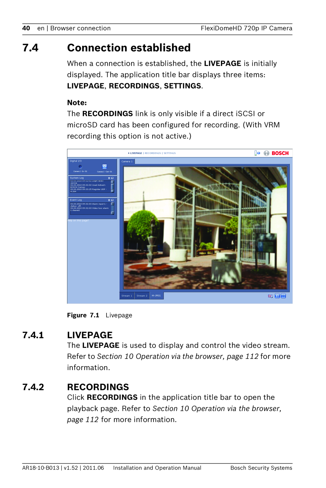 Bosch Appliances NDN-921 7.4Connection established, 7.4.1LIVEPAGE, 7.4.2RECORDINGS, Livepage, Recordings, Settings 