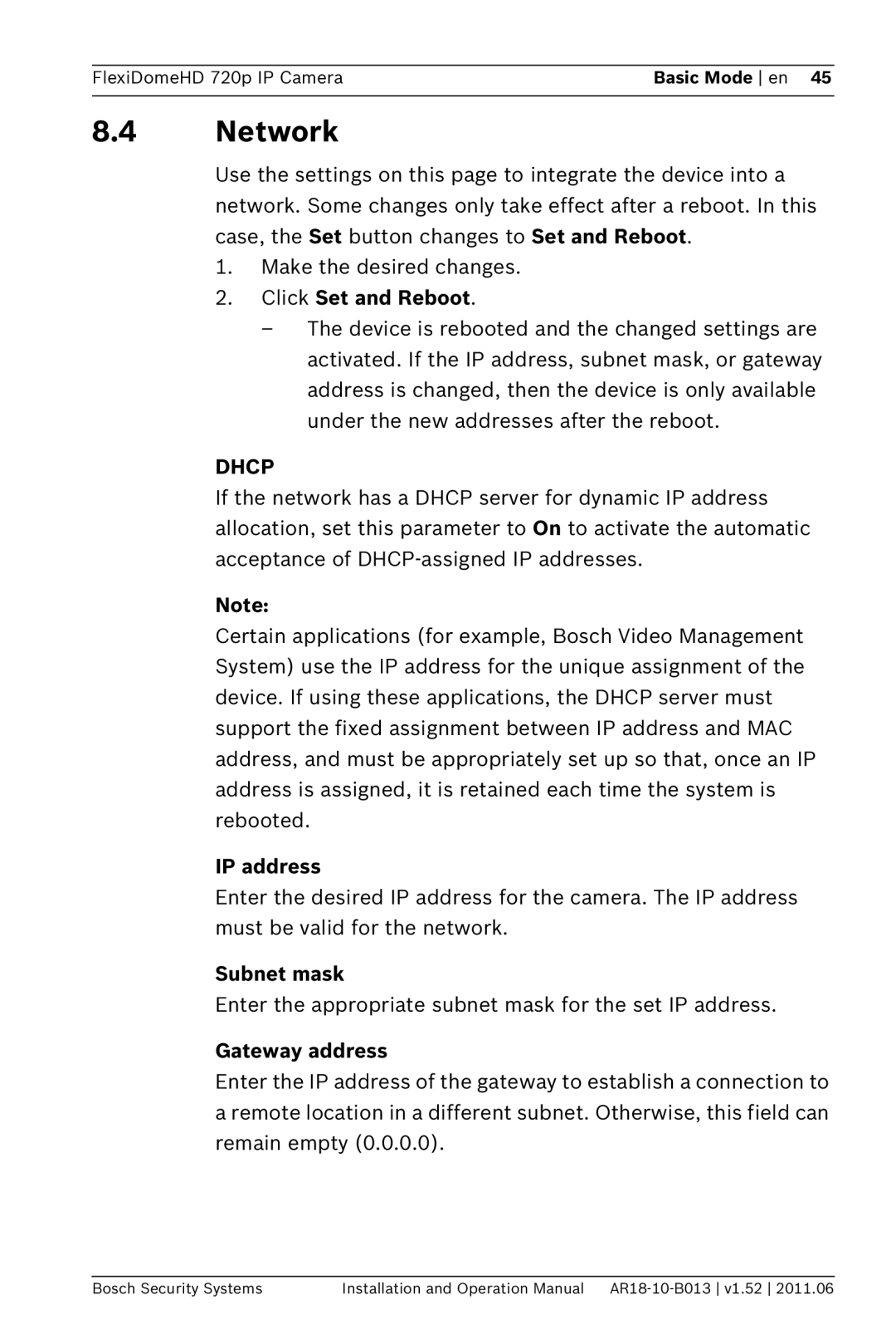 Bosch Appliances NDN-921 operation manual 8.4Network, Click Set and Reboot, Dhcp, IP address, Subnet mask, Gateway address 