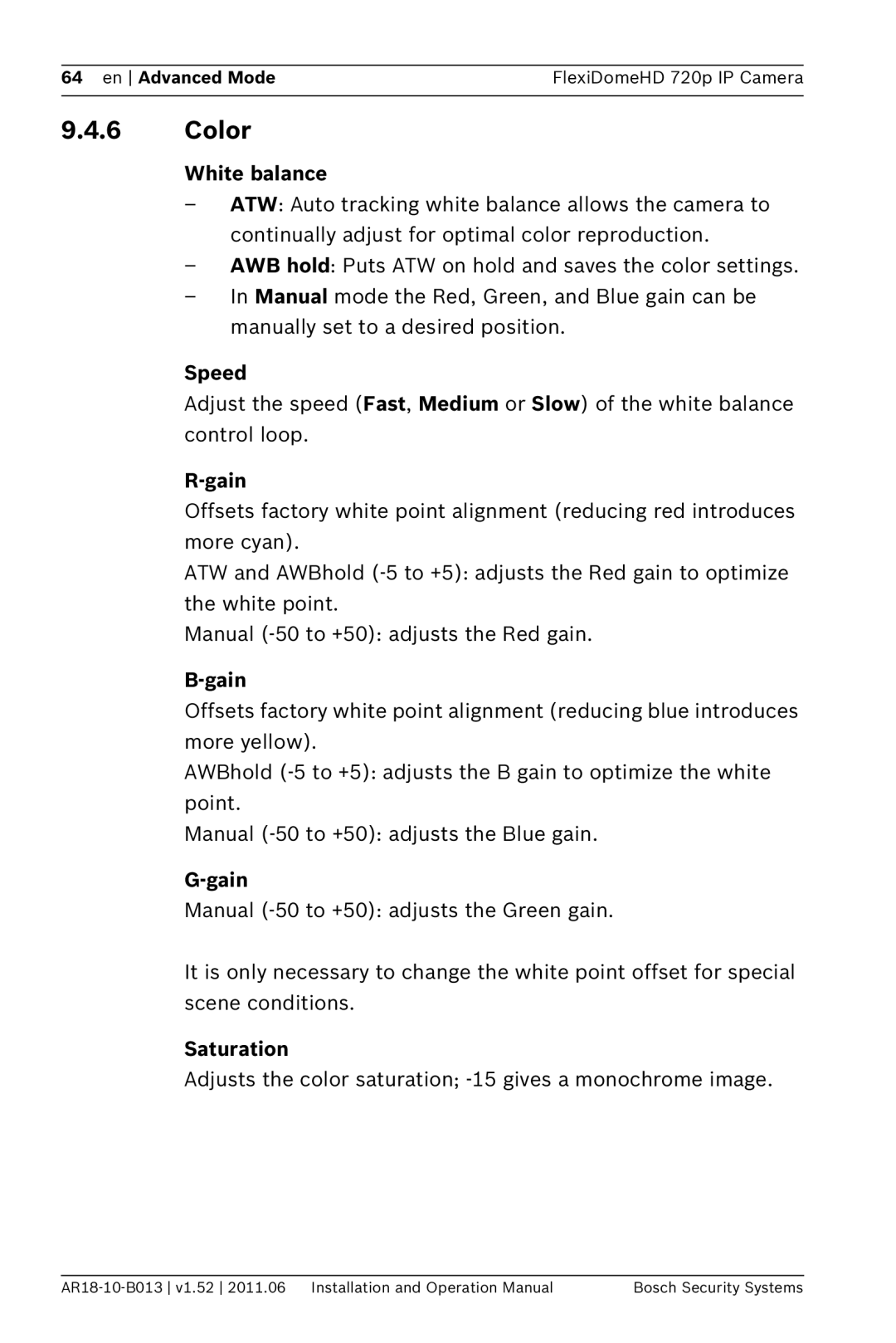 Bosch Appliances NDN-921 operation manual 9.4.6Color, White balance, R-gain, B-gain, G-gain, Saturation, Speed 