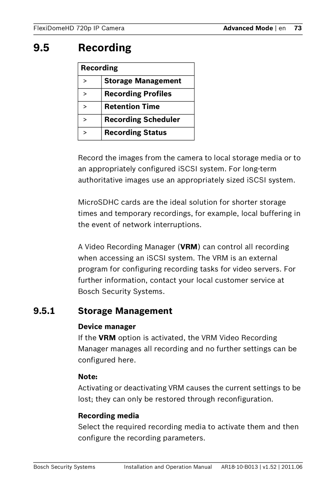 Bosch Appliances NDN-921 9.5Recording, 9.5.1Storage Management, Recording >Storage Management >Recording Profiles 