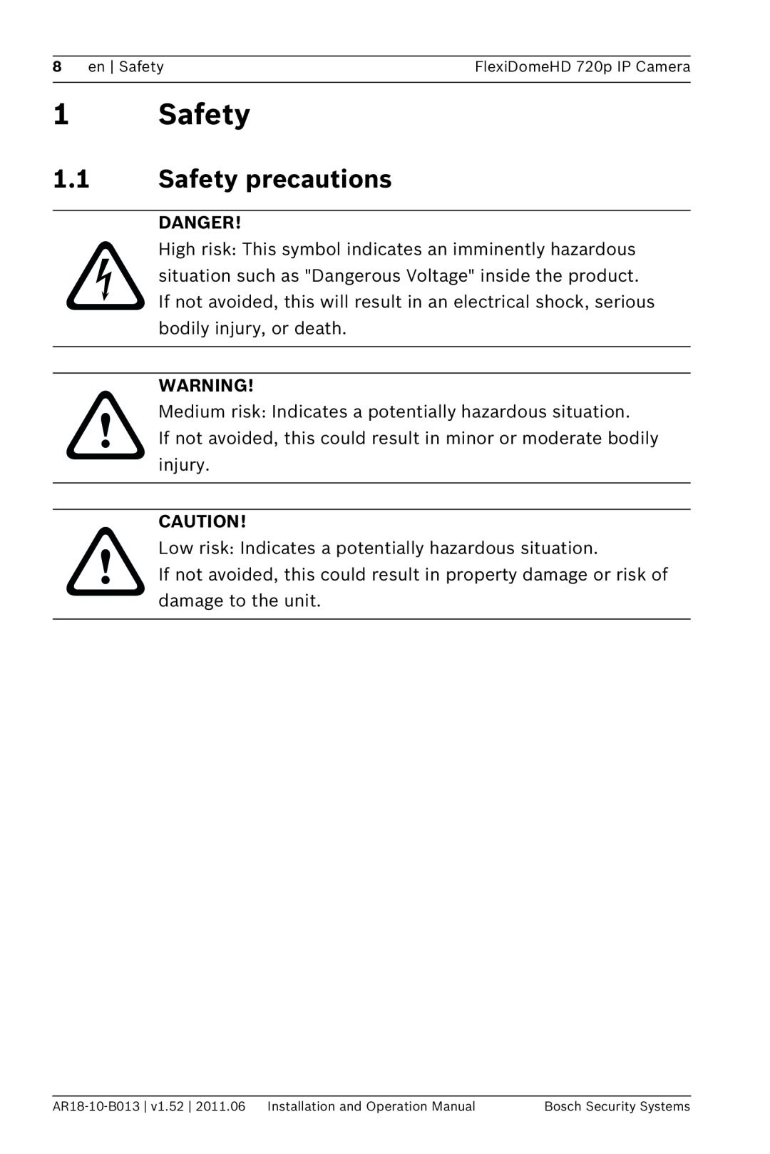 Bosch Appliances NDN-921 operation manual 1.1Safety precautions, Danger 