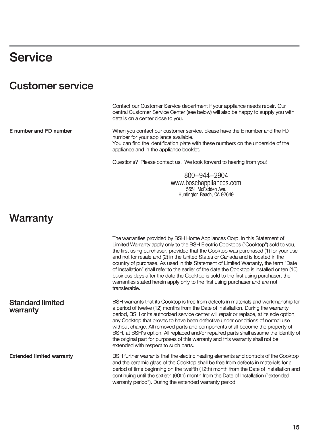 Bosch Appliances NEM 74, NEM 75, NEM 94, NEM 95 Service, Customer service, Warranty, E number and FD number, 555 A# !! A 