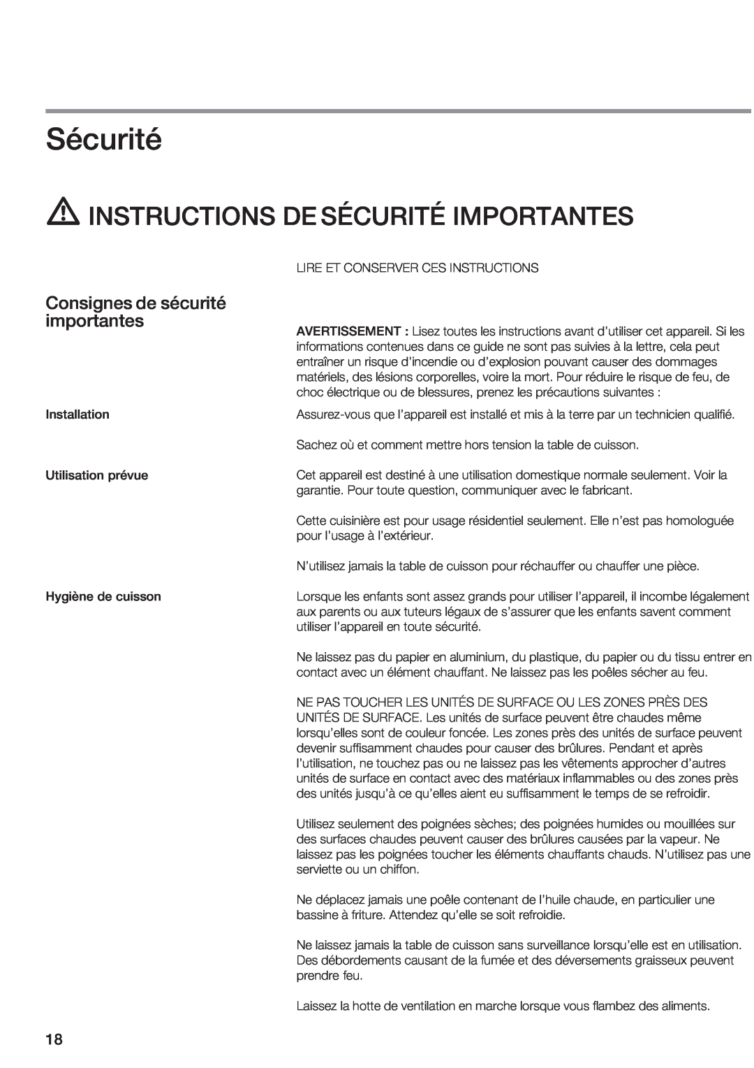 Bosch Appliances NEM 95 manual Instructionsde Sécuritéimportantes, Installation Utilisation prévue, Hygiène de cuisson 