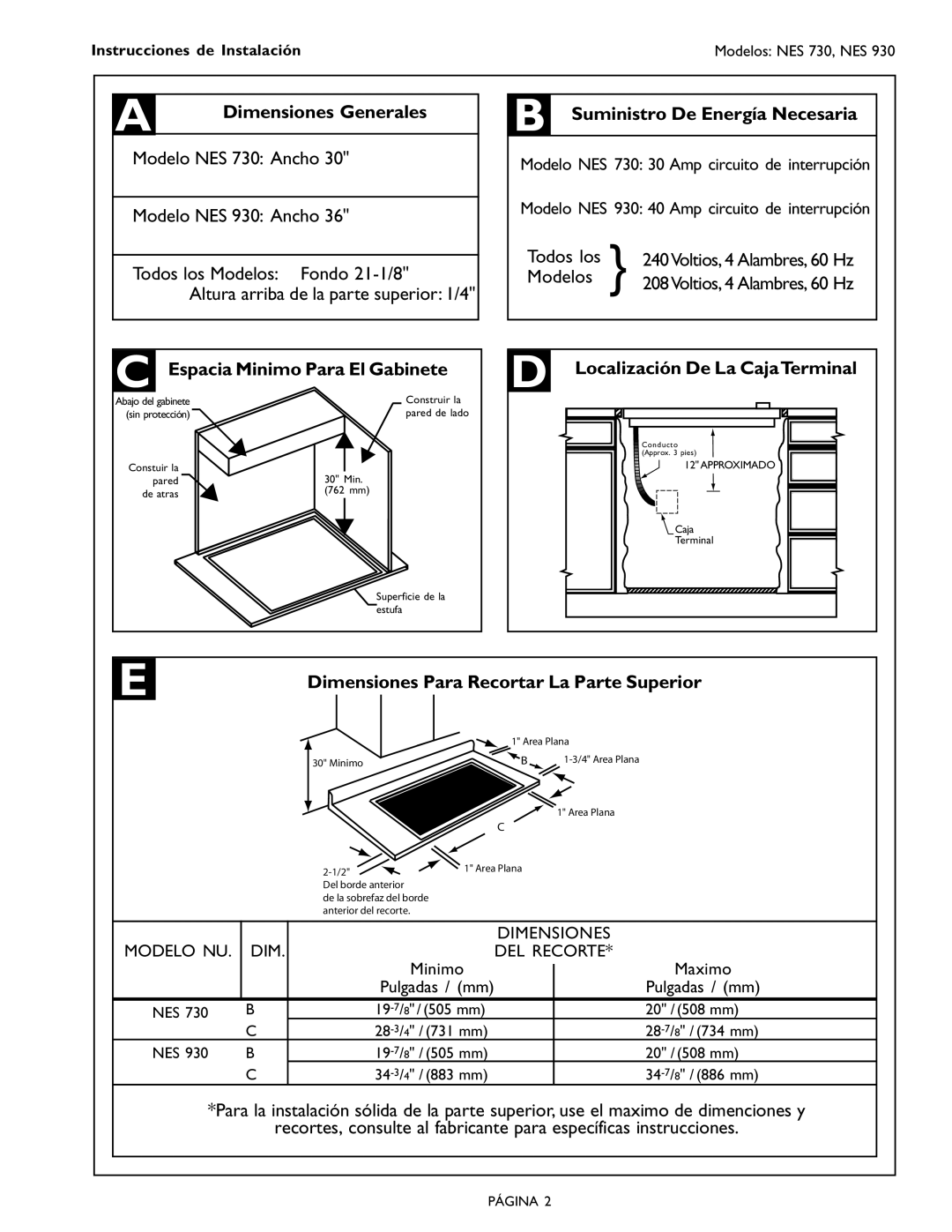 Bosch Appliances Cooktop, 98 Dimensiones Generales, Suministro De Energía Necesaria, Espacia Minimo Para El Gabinete 