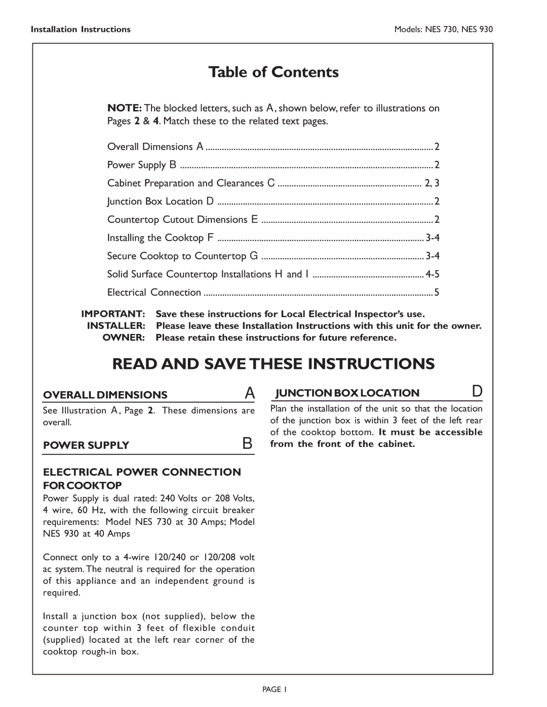 Bosch Appliances 98, NES 930 UC, NES 730 UC, Cooktop Table of Contents, Read and Save These Instructions 