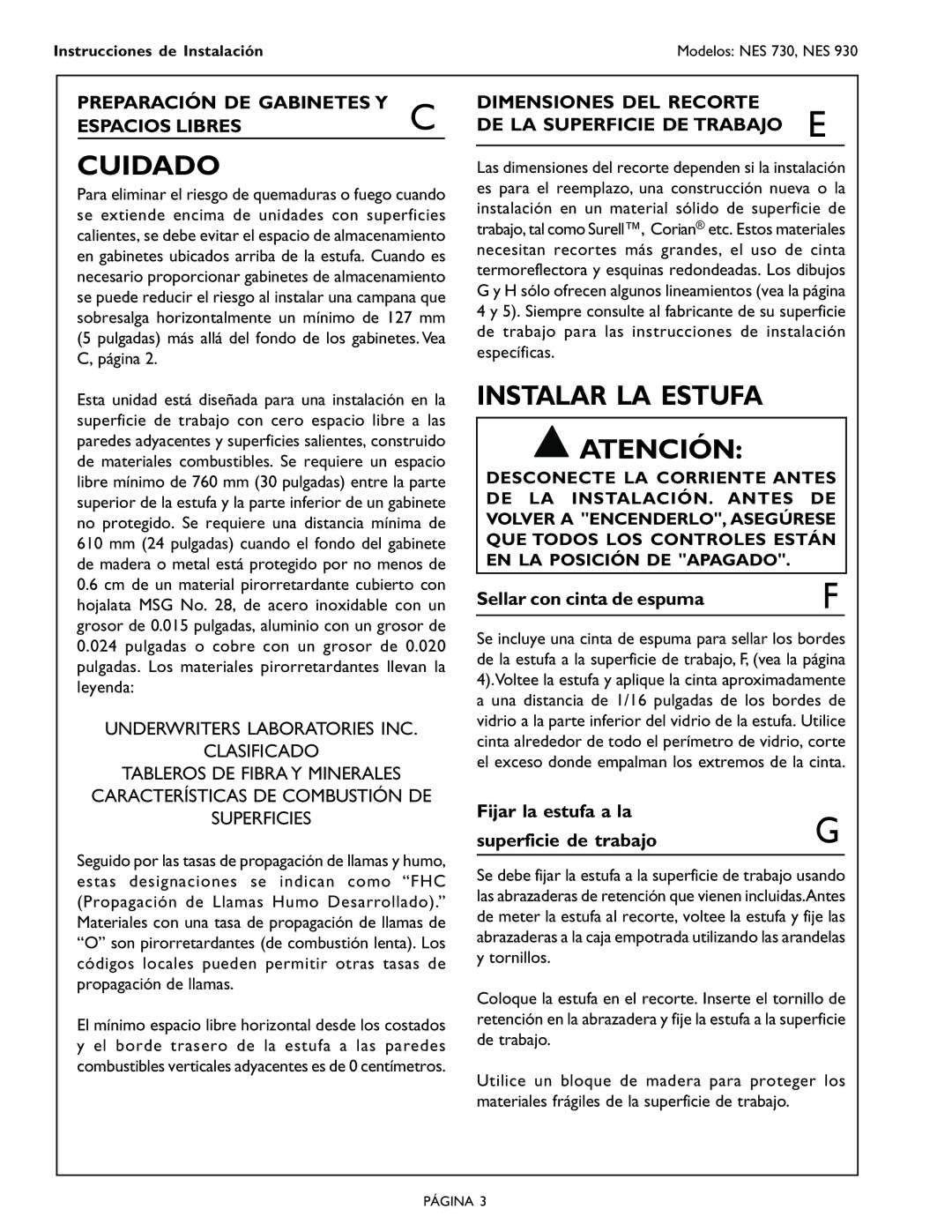 Bosch Appliances NES 930 UC, NES 730 UC, 98, Cooktop Cuidado, Instalar LA Estufa, Preparación DE Gabinetes Y Espacios Libres 