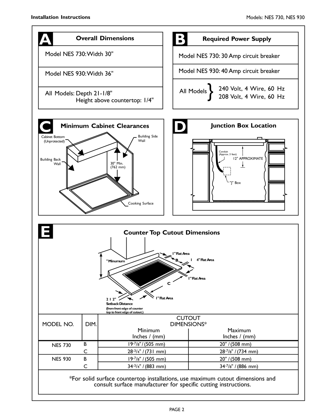 Bosch Appliances Cooktop, NES 930 UC, NES 730 UC, 98 Model NES 730Width, Required Power Supply, Minimum Cabinet Clearances 