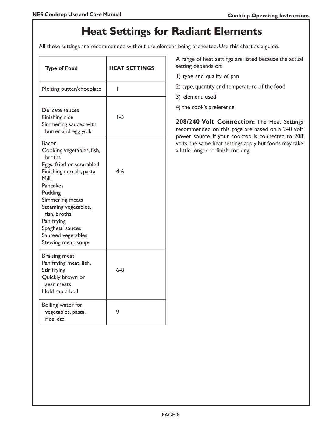 Bosch Appliances NES 930 UC, NES 730 UC manual Heat Settings for Radiant Elements, Type of Food, Broths 