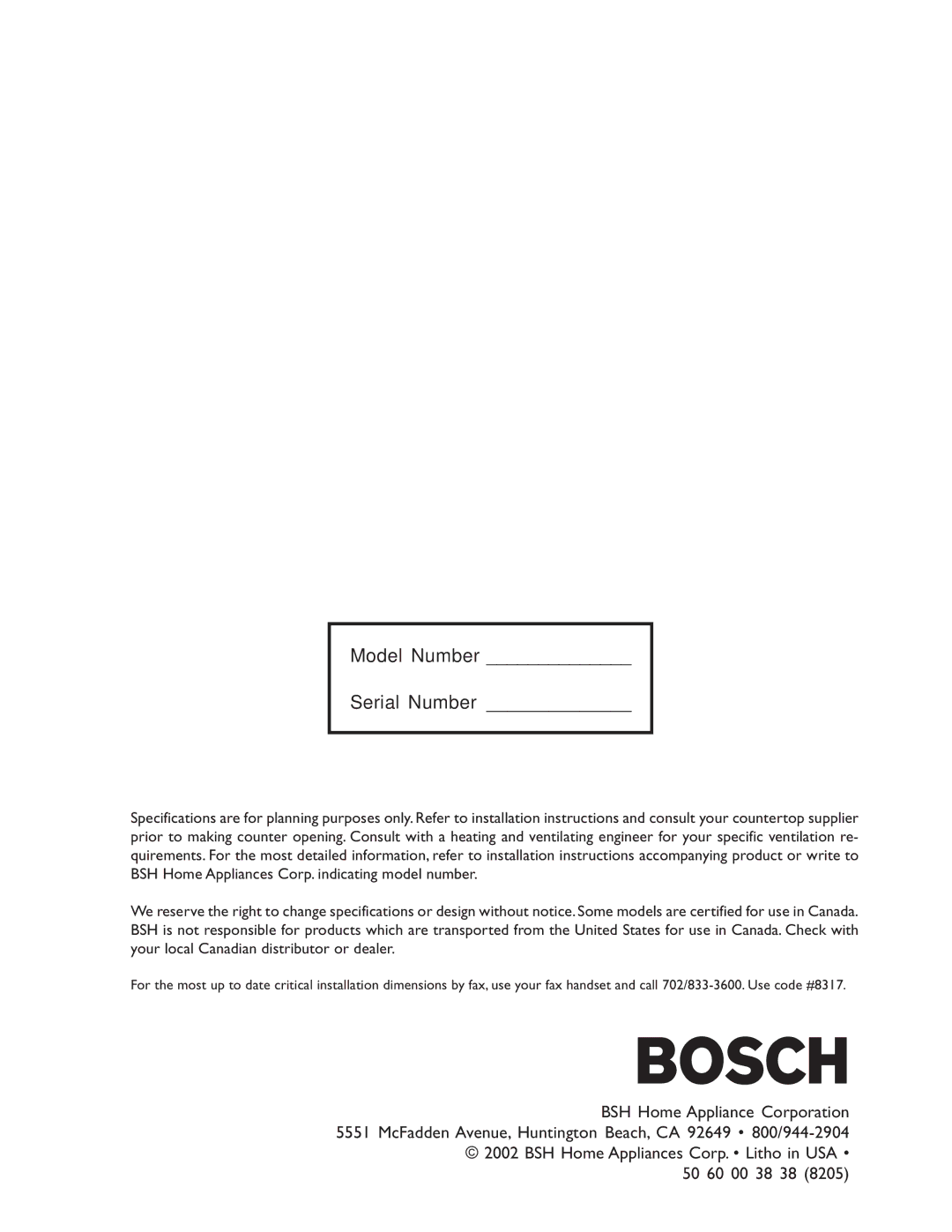 Bosch Appliances NES 930 UC, NES 730 UC manual Model Number Serial Number 