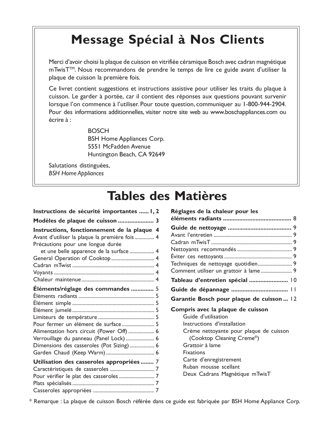 Bosch Appliances NES 930 UC, NES 730 UC manual Message Spécial à Nos Clients, Tables des Matières 