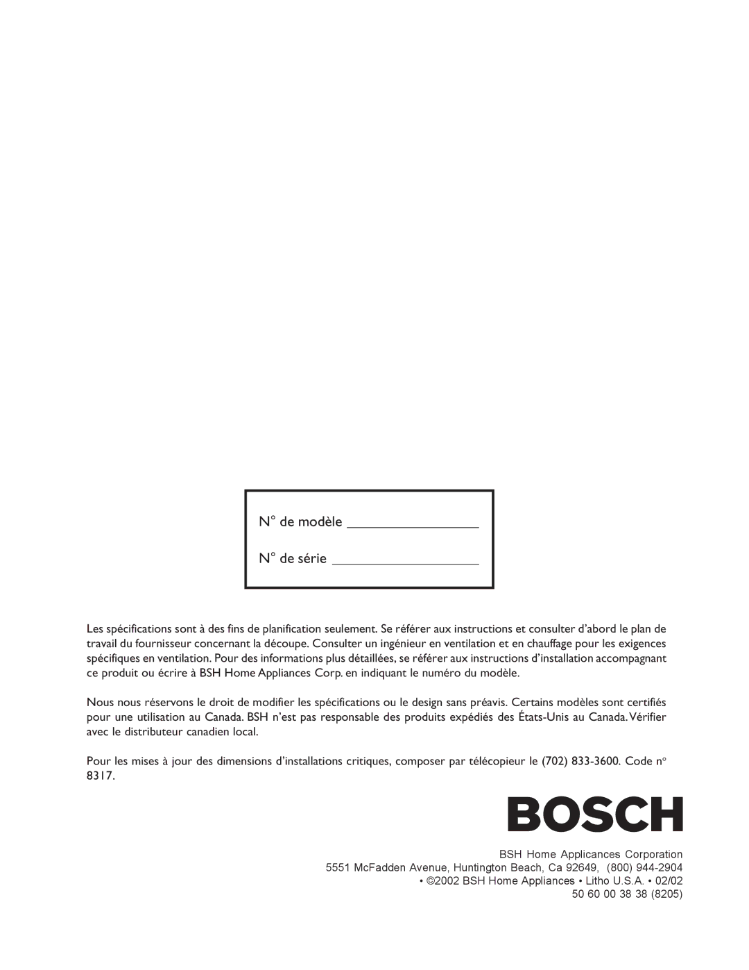 Bosch Appliances NES 930 UC, NES 730 UC manual De modèle De série 