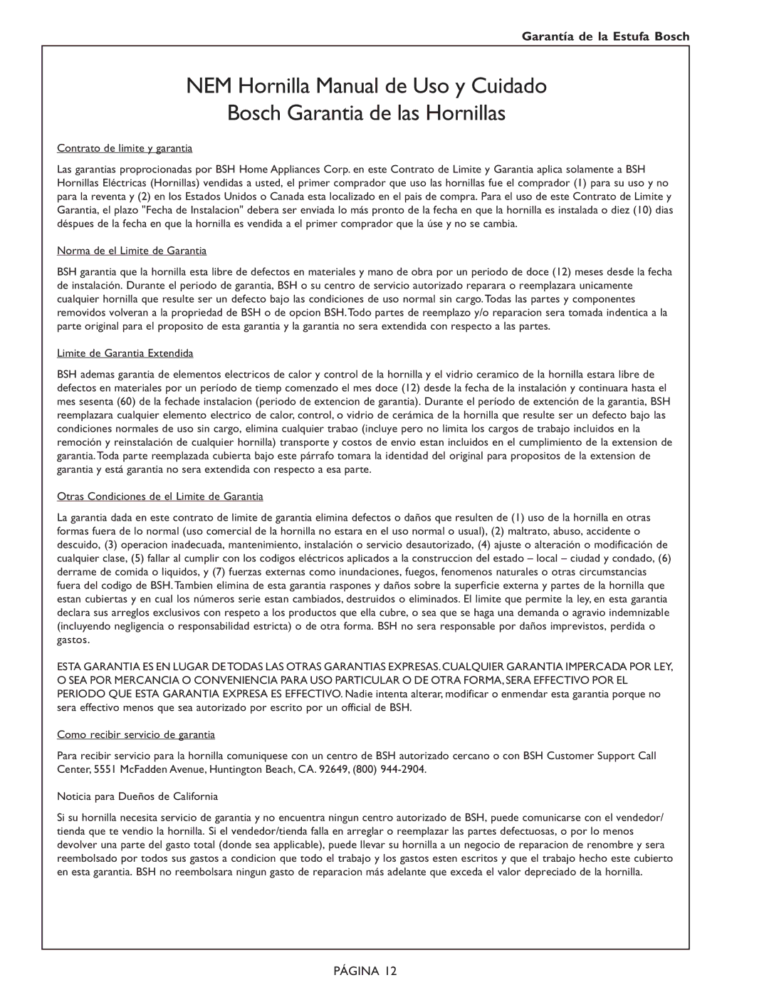 Bosch Appliances NES 930 UC, NES 730 UC manual Garantía de la Estufa Bosch, Contrato de limite y garantia 