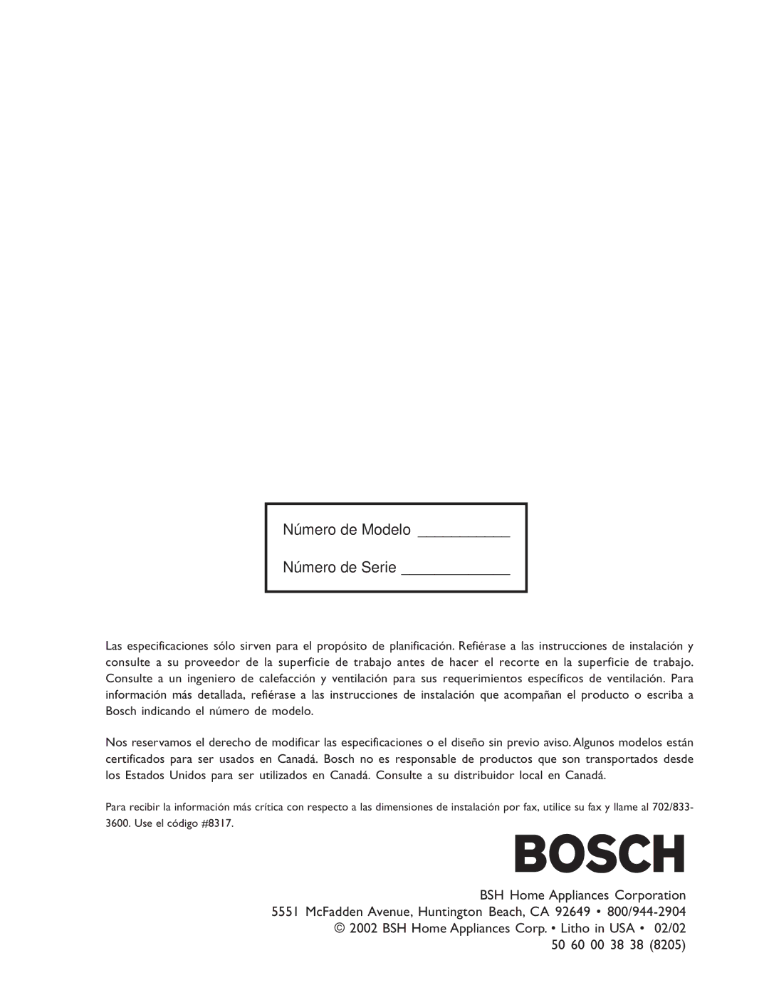 Bosch Appliances NES 930 UC, NES 730 UC manual Número de Modelo Número de Serie 