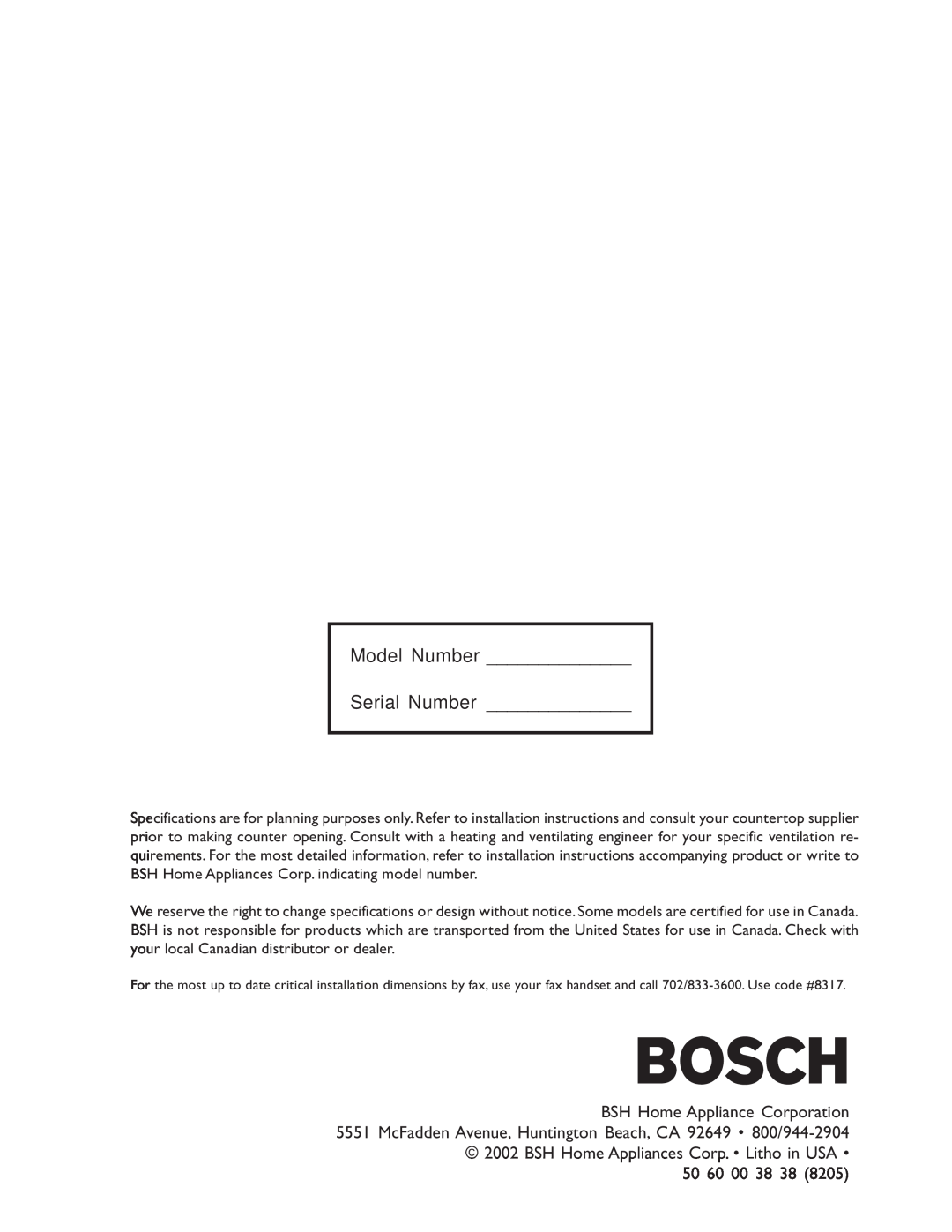 Bosch Appliances NES 930 UC, NES 730 UC manual Model Number Serial Number 