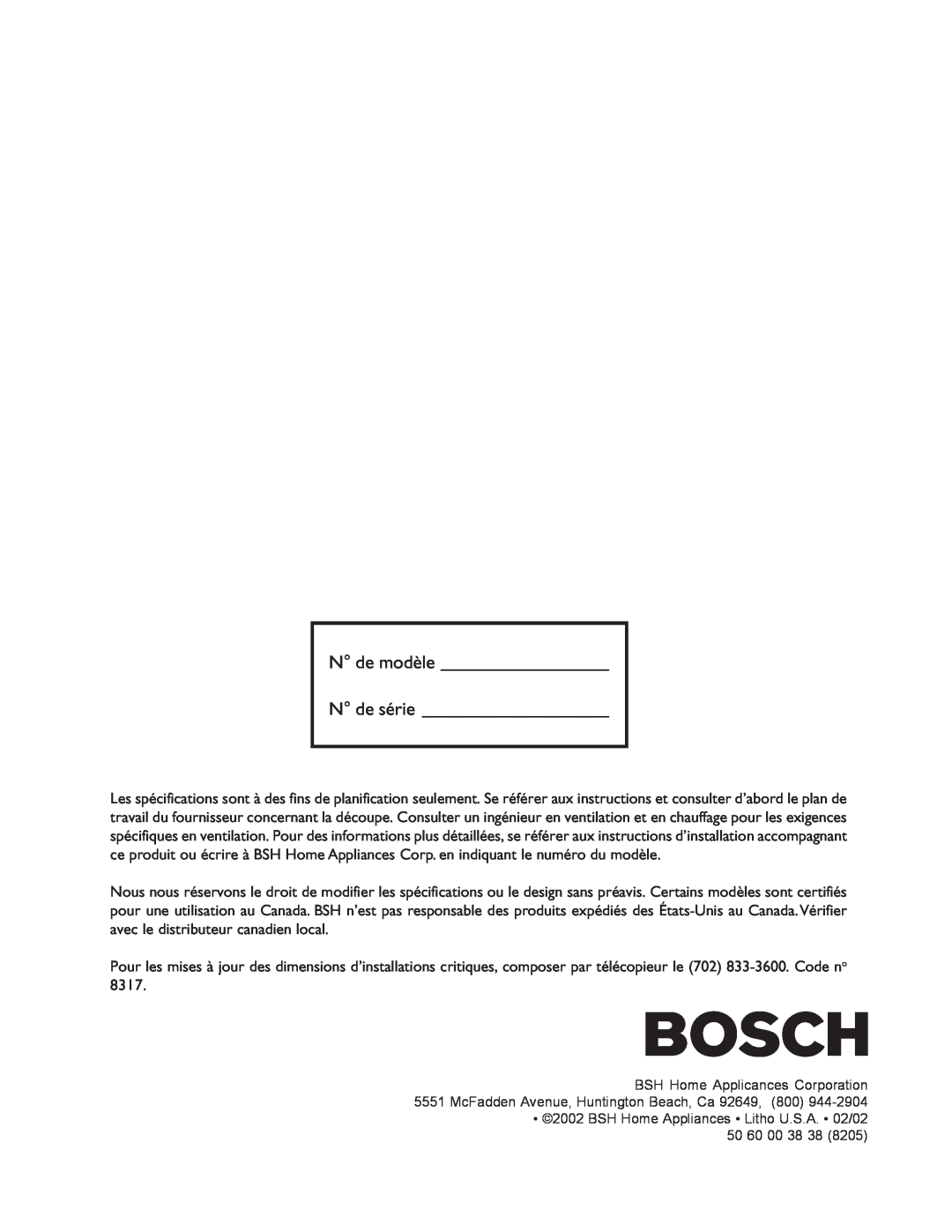 Bosch Appliances NES 930 UC, NES 730 UC manual N de modèle N de série 
