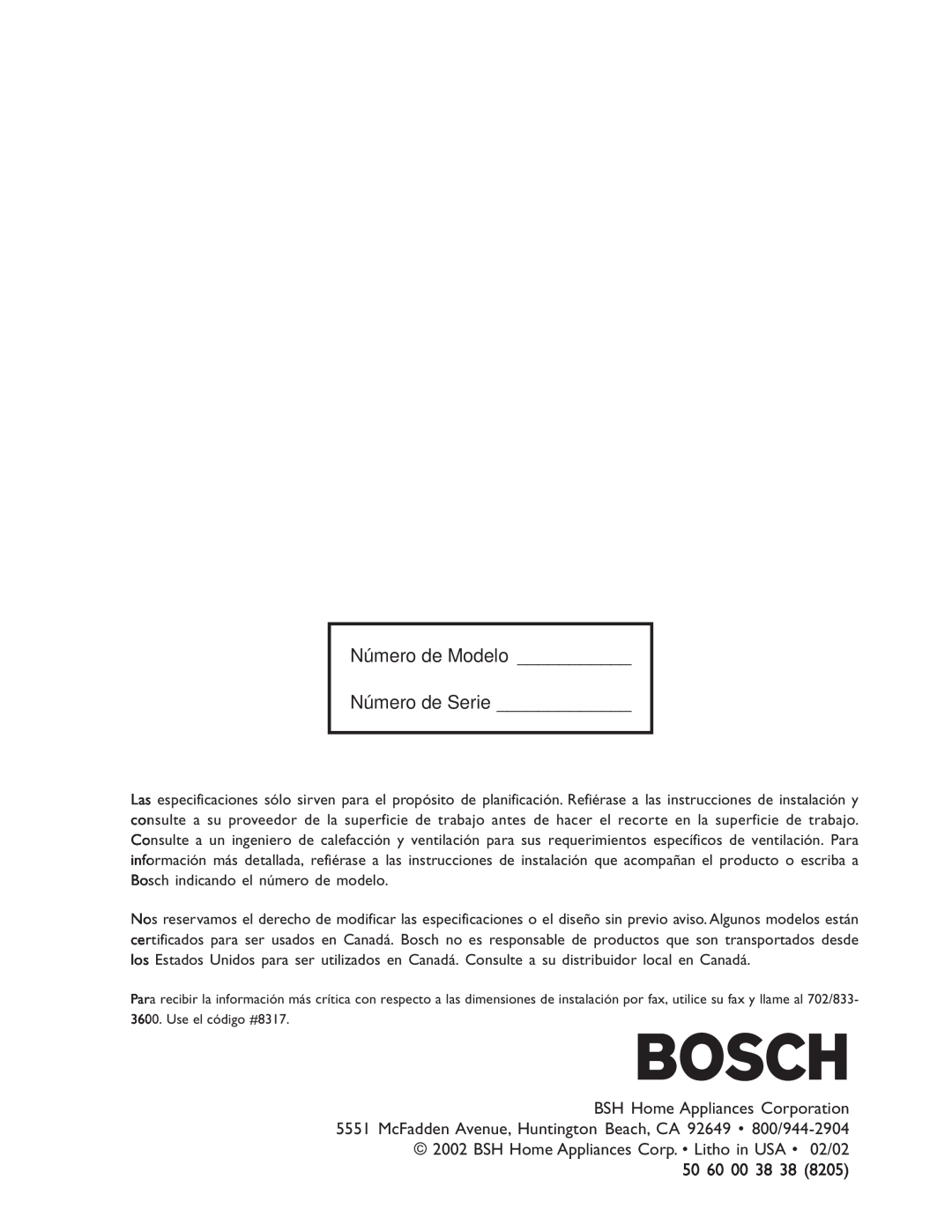 Bosch Appliances NES 930 UC, NES 730 UC manual Número de Modelo Número de Serie 